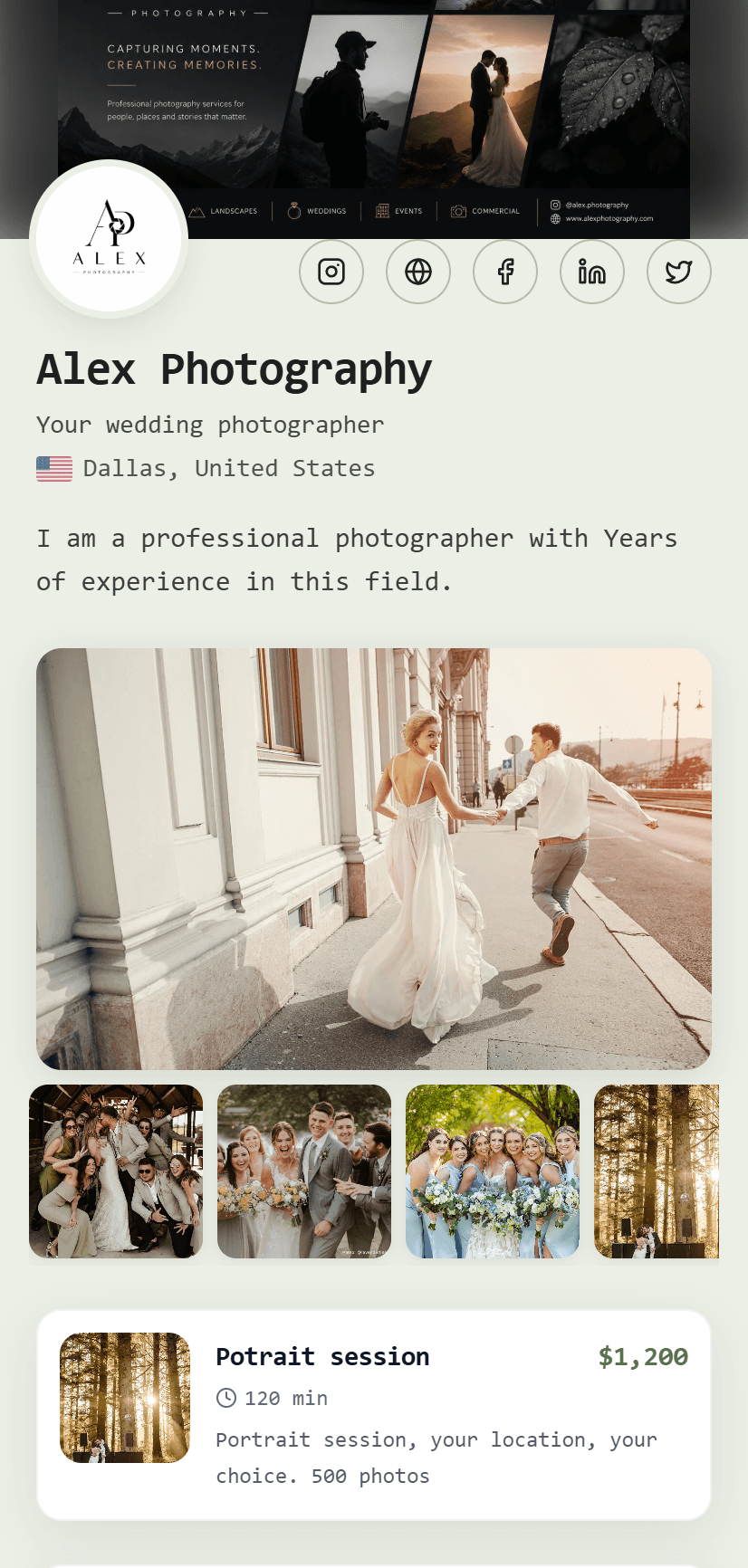 Alex Photography portfolio on mobile