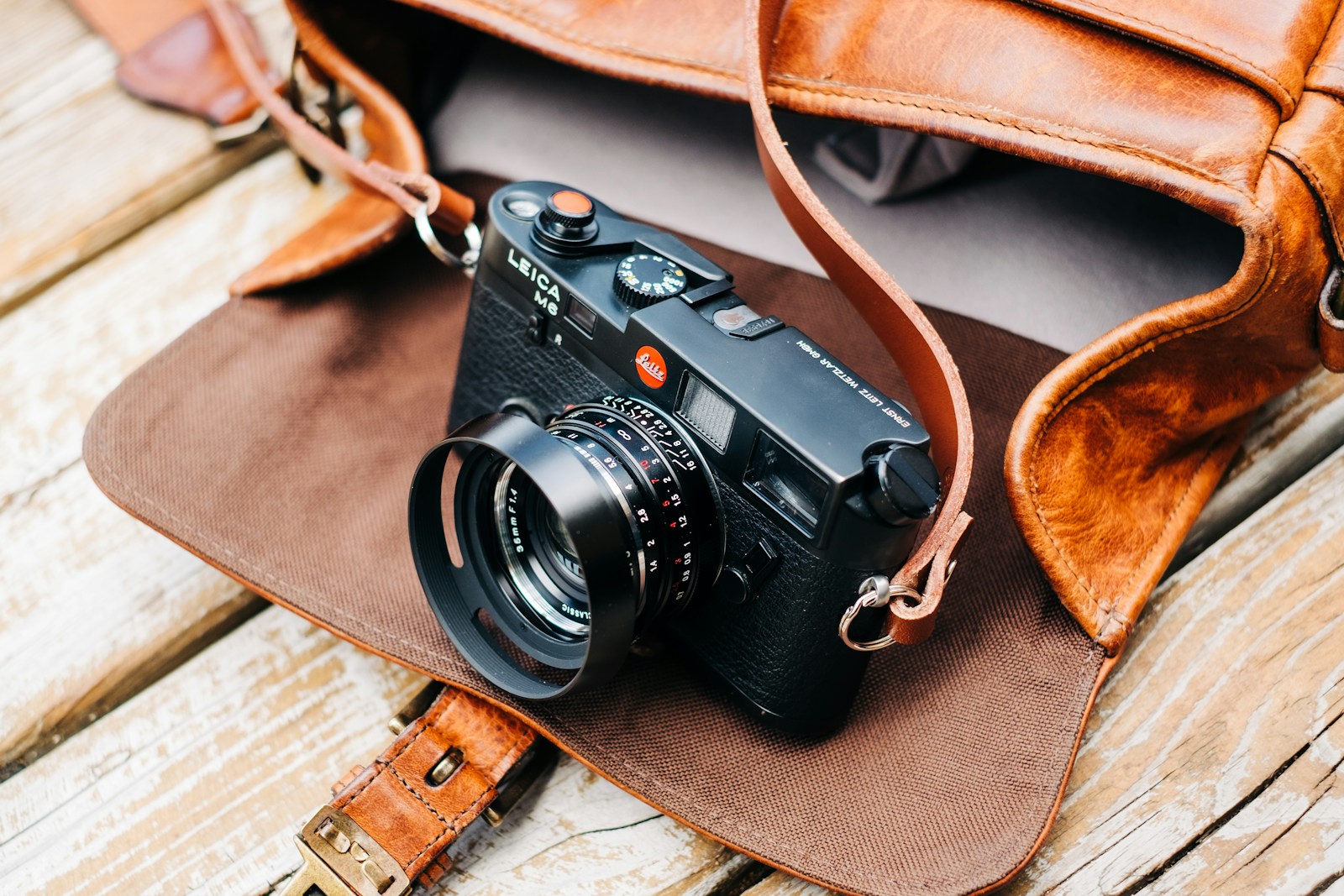 A camera and leather equipment bag ready for an event