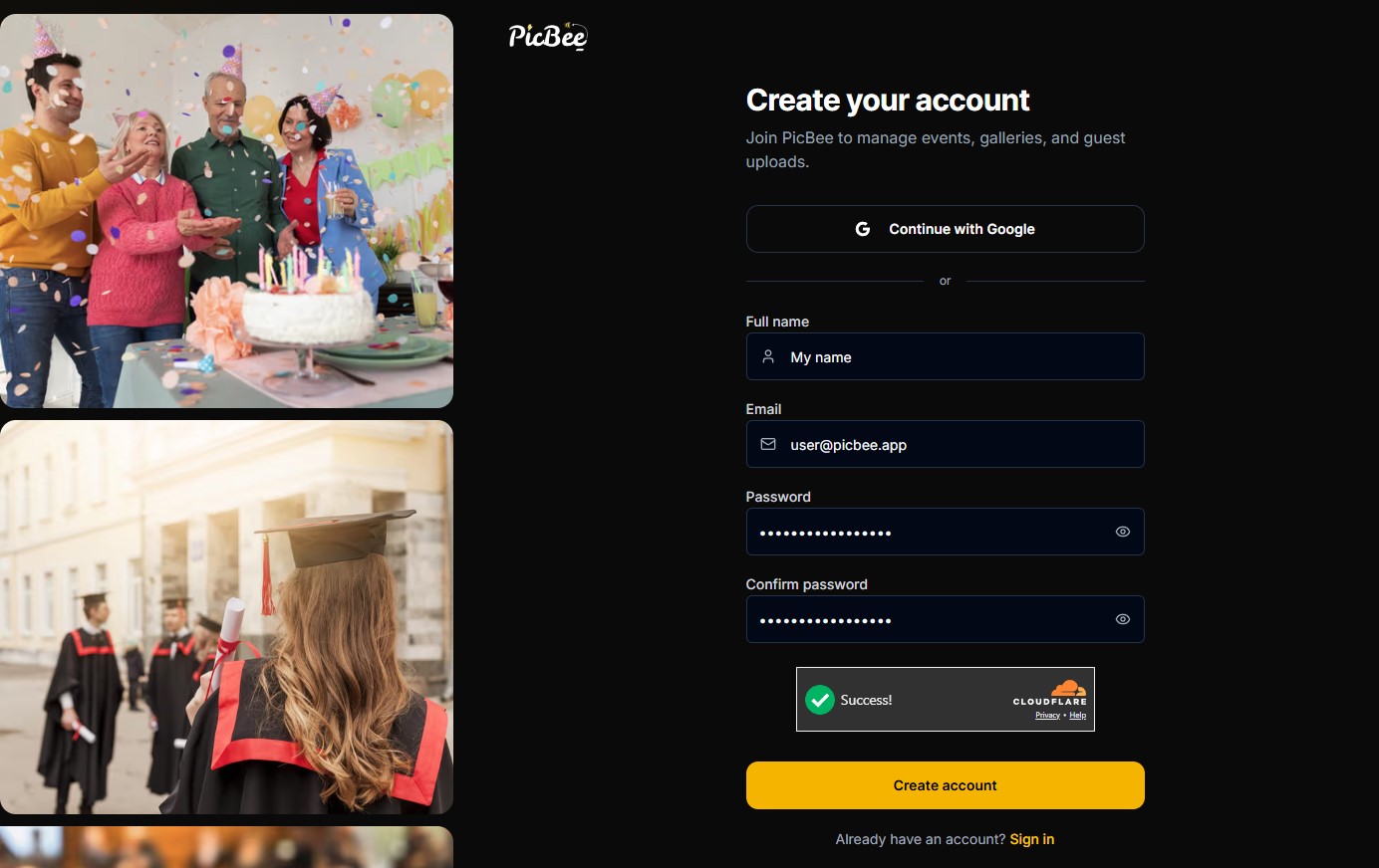 PicBee create account screen