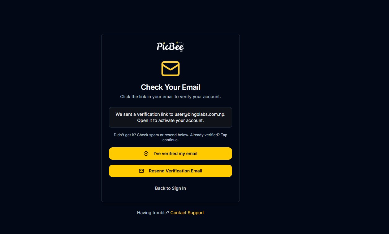 PicBee email verification screen