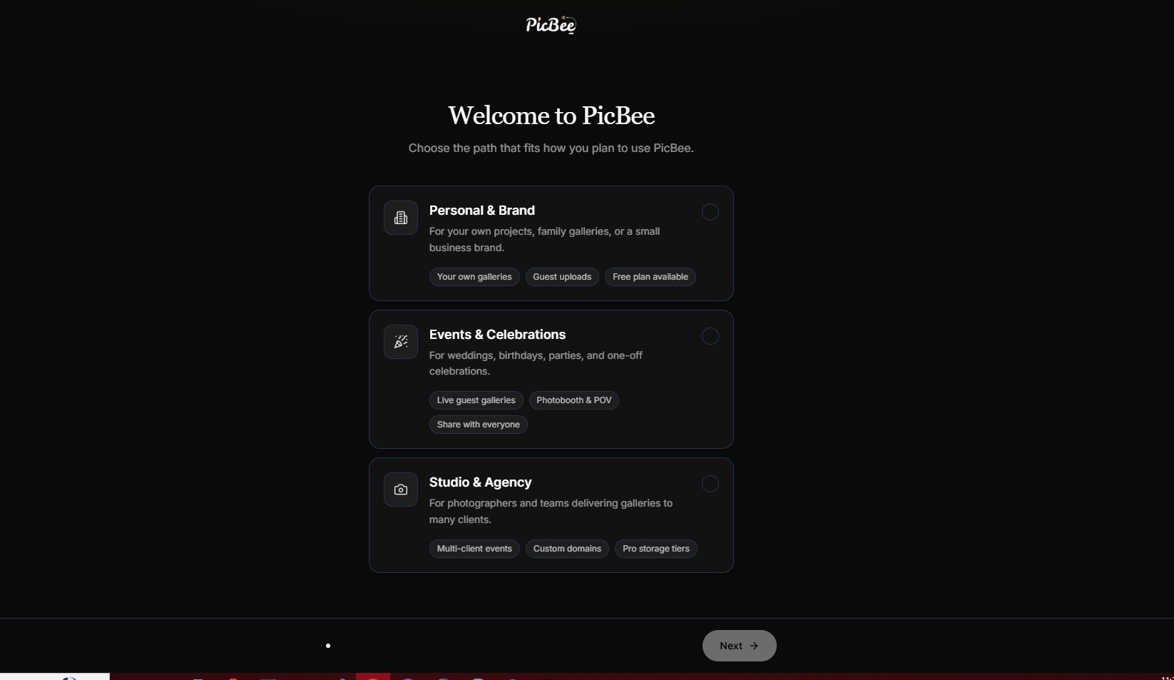 PicBee onboarding path selection