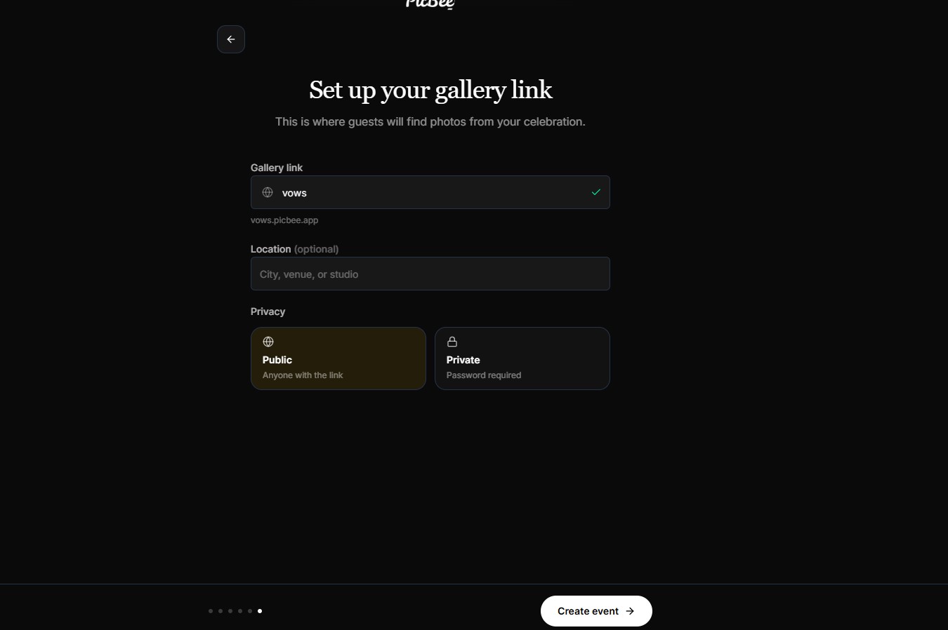 PicBee gallery link setup screen